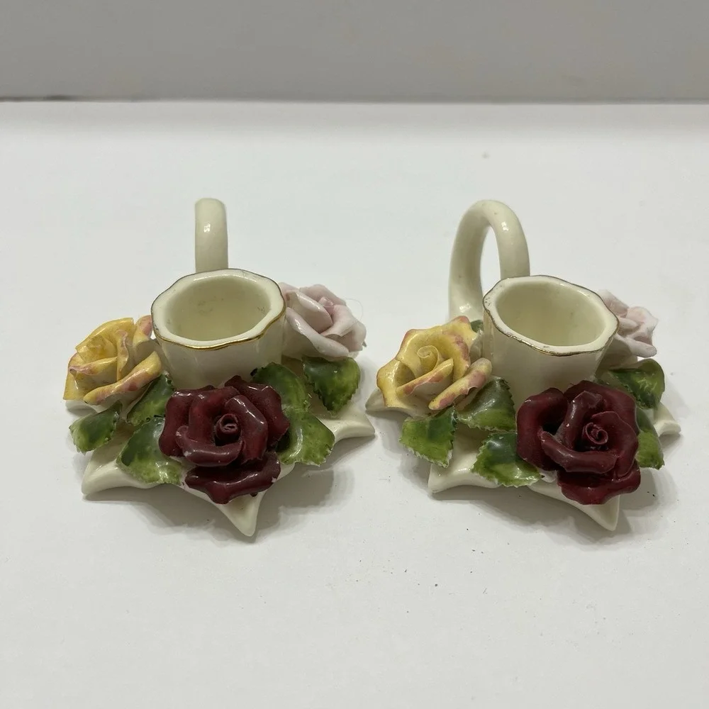 Vintage Porcelain Taper Candle Holders Finger Loop White 3D Hand Painted Roses 2
